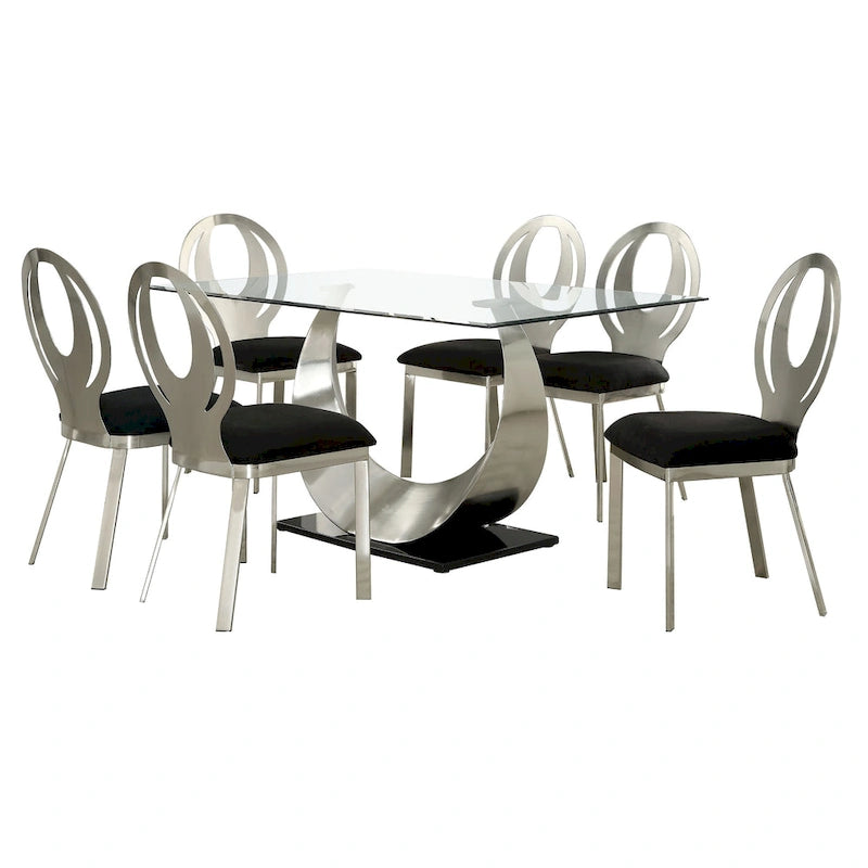 Ensemble de salle à manger 7 pièces avec piédestal en U en acier noir moderne Heer par Furniture of America