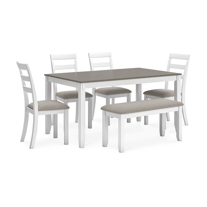 Signature Design by Ashley Stonehollow Table et chaises de salle à manger blanches et grises avec banc (ensemble de 6)
