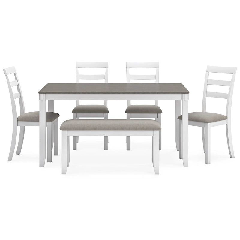 Signature Design by Ashley Stonehollow Table et chaises de salle à manger blanches et grises avec banc (ensemble de 6)