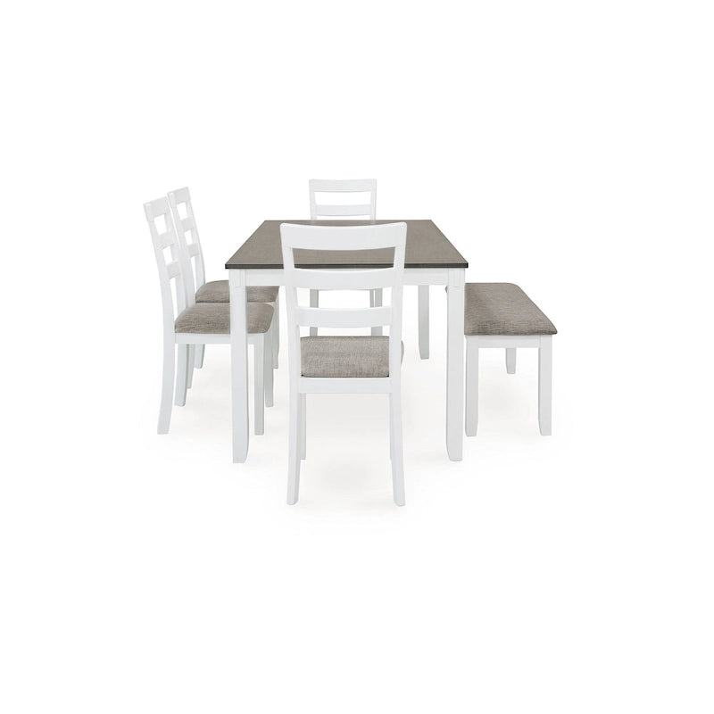 Signature Design by Ashley Stonehollow Table et chaises de salle à manger blanches et grises avec banc (ensemble de 6)