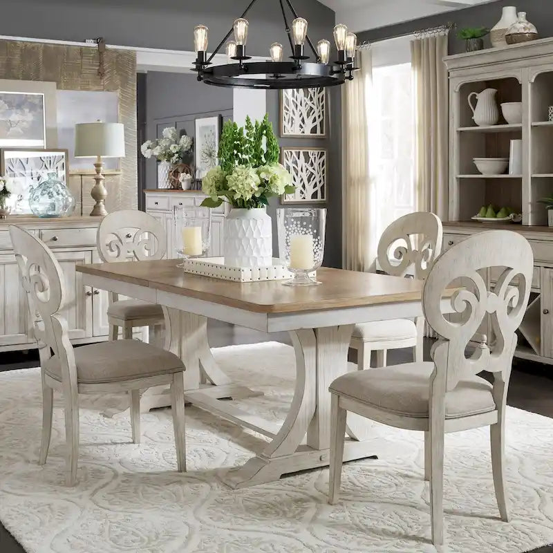 Ensemble de 7 pièces de table à tréteaux de ferme revisitée, blanc antique