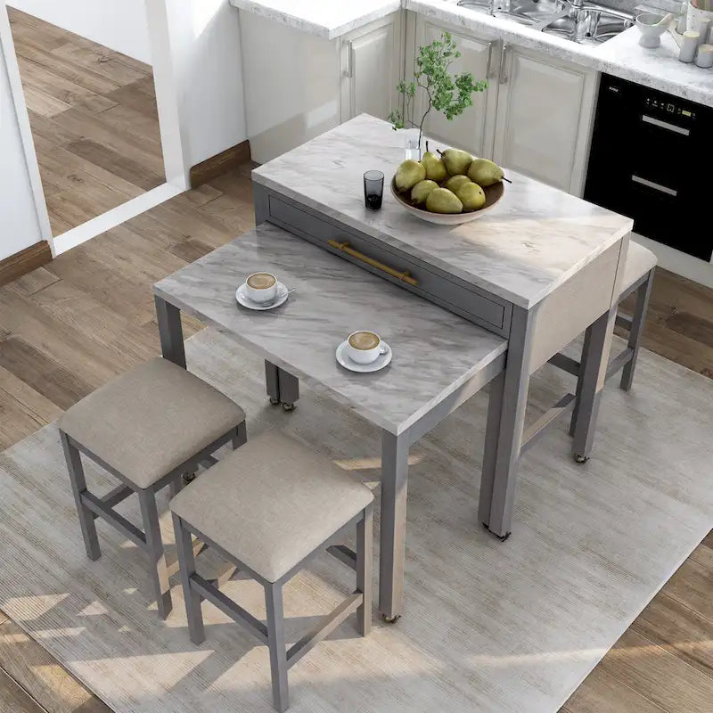 Ensemble de 5 pièces en bois gris Delware Glam : 1 table extensible et 4 tabourets de bar, idéal pour les petits espaces - par Furniture of America
