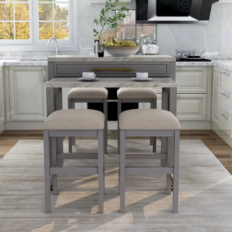 Ensemble de 5 pièces en bois gris Delware Glam : 1 table extensible et 4 tabourets de bar, idéal pour les petits espaces - par Furniture of America