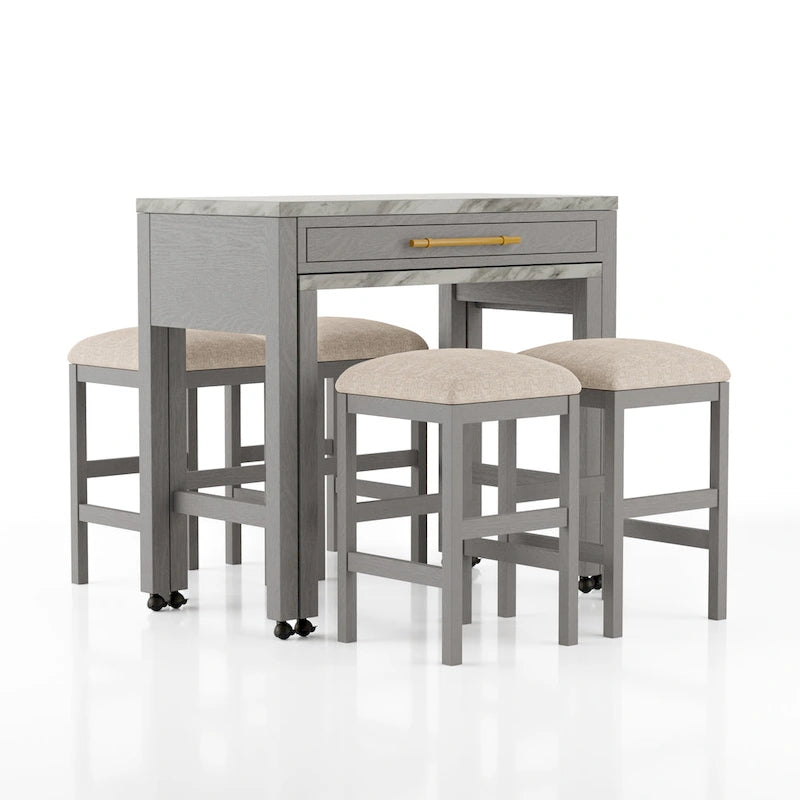 Ensemble de 5 pièces en bois gris Delware Glam : 1 table extensible et 4 tabourets de bar, idéal pour les petits espaces - par Furniture of America