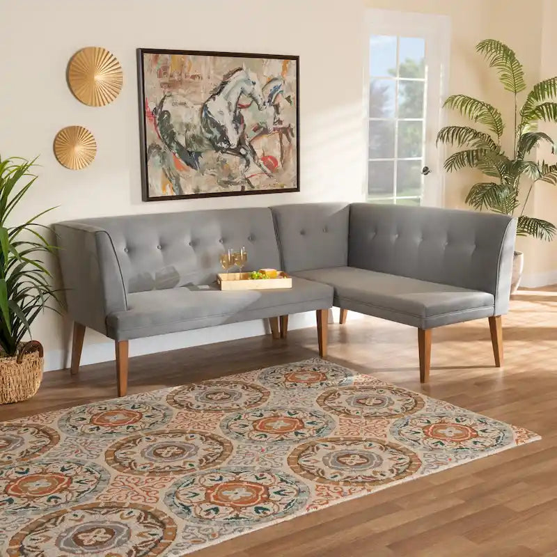 Ensemble de banquette d'angle repas Stewart Mid-Century en velours (2 pièces) - Gris