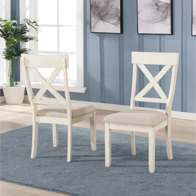 Ensemble de salle à manger 7 pièces Prato de Roundhill Furniture avec chaises à dossier croisé, blanc antique et chêne vieilli