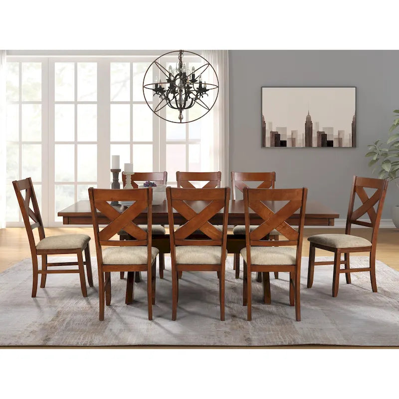 Ensemble de salle à manger 9 pièces Roundhill Furniture Karven en bois, table à manger à tréteaux extensible avec 8 chaises, noyer foncé