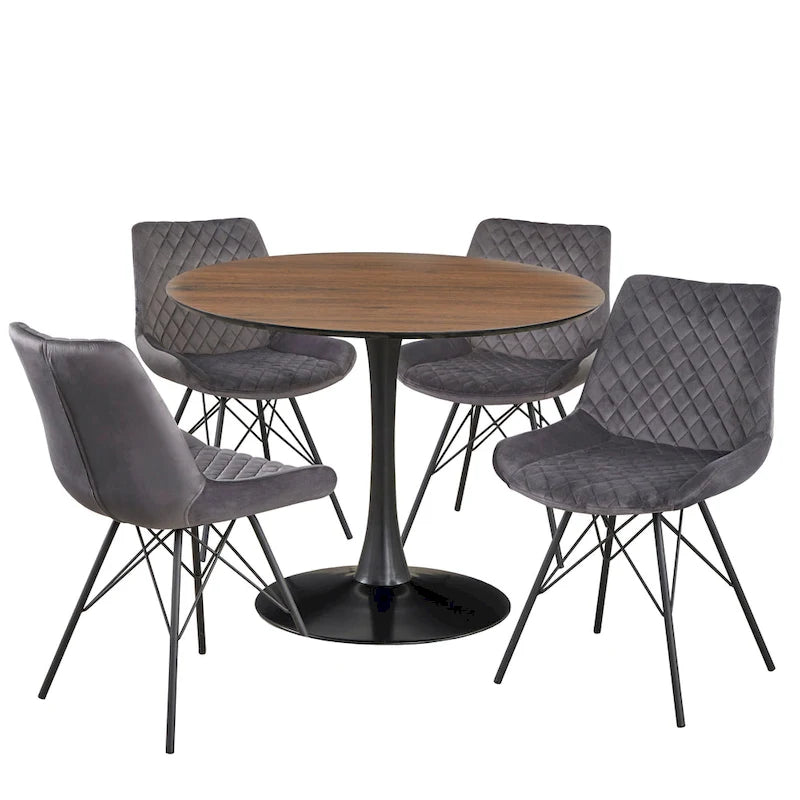 angelo:Ensemble de salle à manger rond 5 pièces en velours Kavitt, style moderne du milieu du siècle