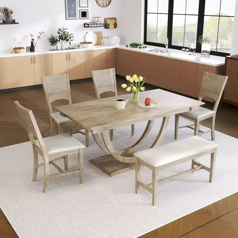 Ensemble de salle à manger 6 pièces en bois demi-rond avec longue banquette et 4 chaises de salle à manger