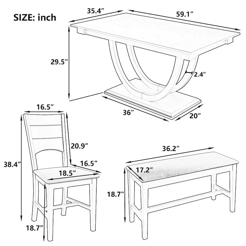 Ensemble de salle à manger 6 pièces en bois demi-rond avec longue banquette et 4 chaises de salle à manger