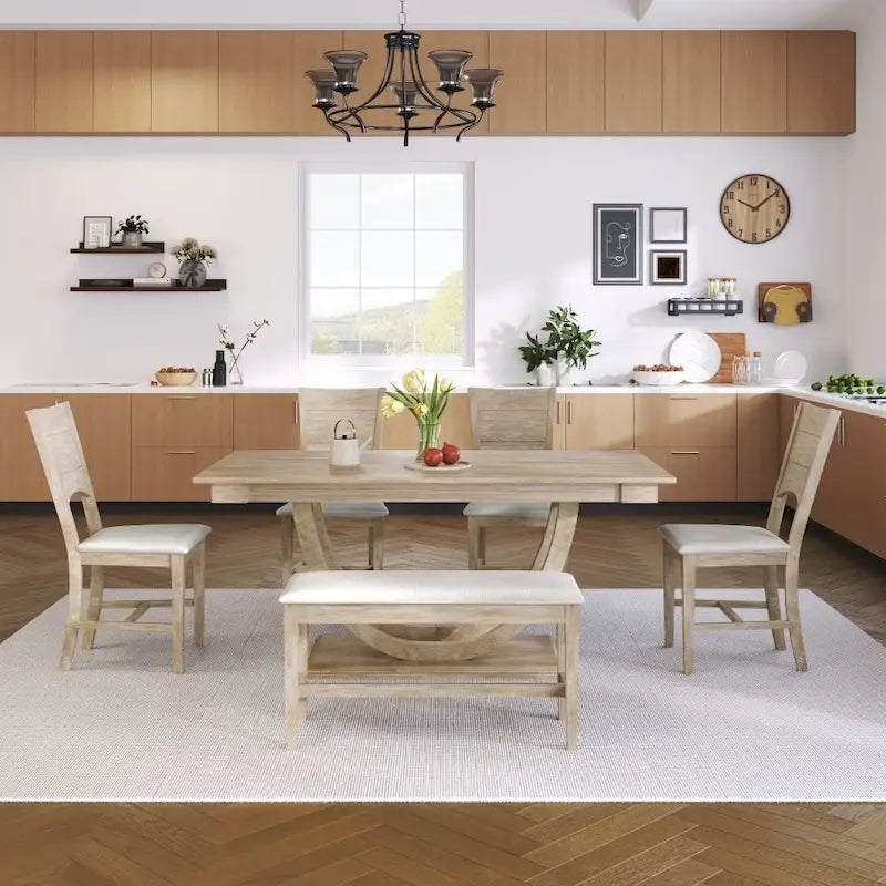 Ensemble de salle à manger 6 pièces en bois demi-rond avec longue banquette et 4 chaises de salle à manger