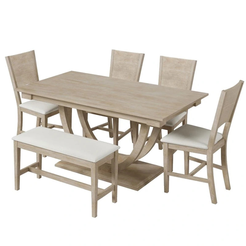 Ensemble de salle à manger 6 pièces en bois demi-rond avec longue banquette et 4 chaises de salle à manger