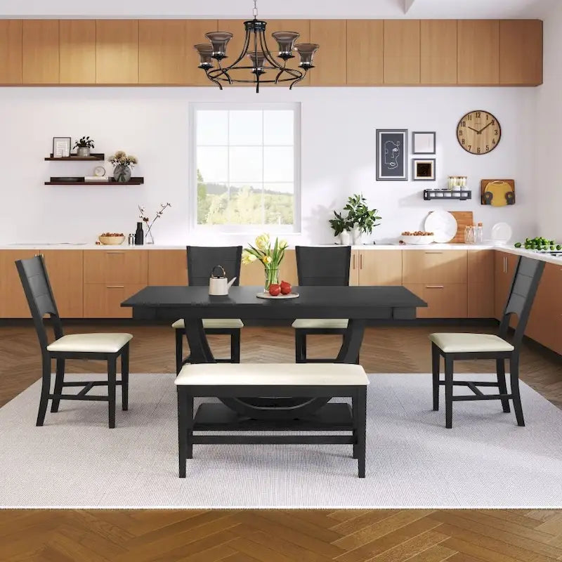 Ensemble de salle à manger 6 pièces en bois demi-rond avec longue banquette et 4 chaises de salle à manger