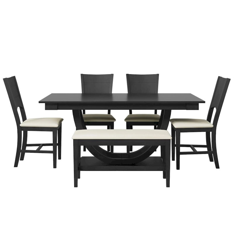 Ensemble de salle à manger 6 pièces en bois demi-rond avec longue banquette et 4 chaises de salle à manger