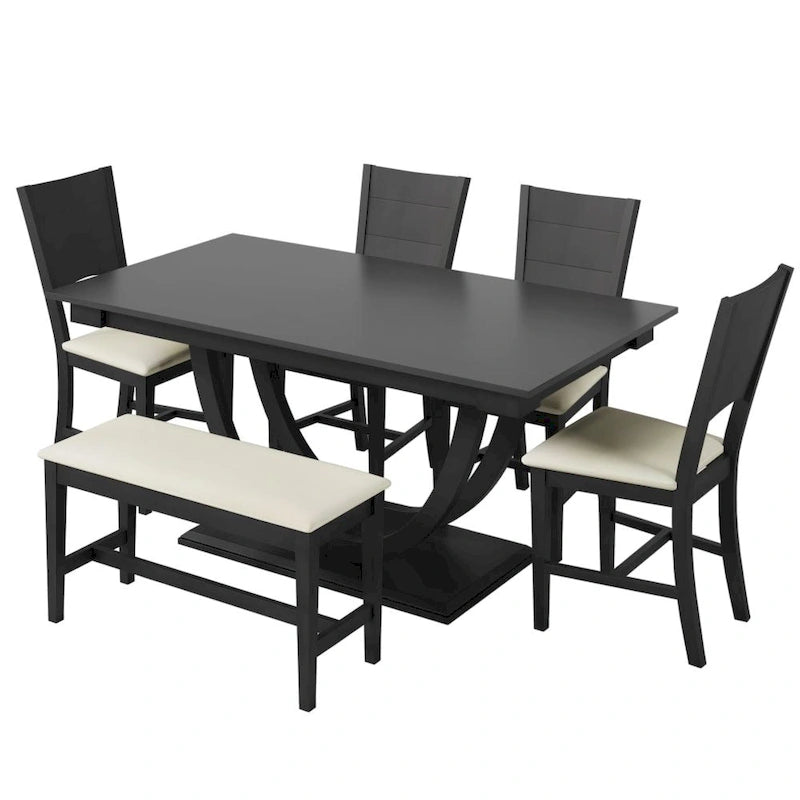 Ensemble de salle à manger 6 pièces en bois demi-rond avec longue banquette et 4 chaises de salle à manger