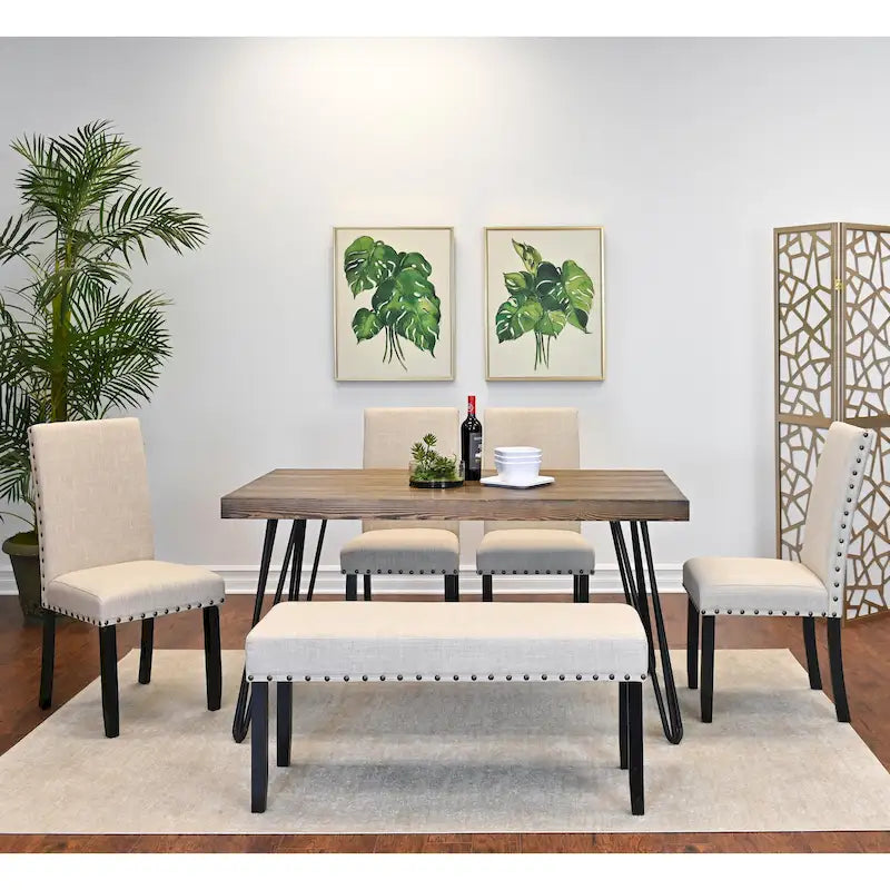 Ensemble de salle à manger Roundhill Furniture Amisos 6 pièces, table à manger à pieds épingle avec 4 chaises et banc rembourré