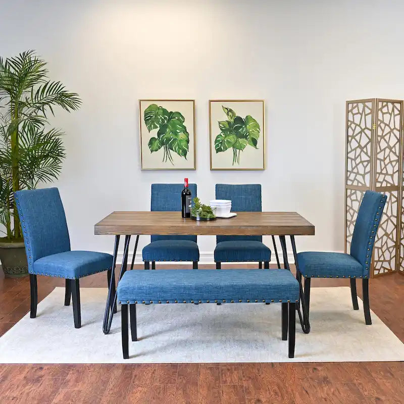 Ensemble de salle à manger Roundhill Furniture Amisos 6 pièces, table à manger à pieds épingle avec 4 chaises et banc rembourré