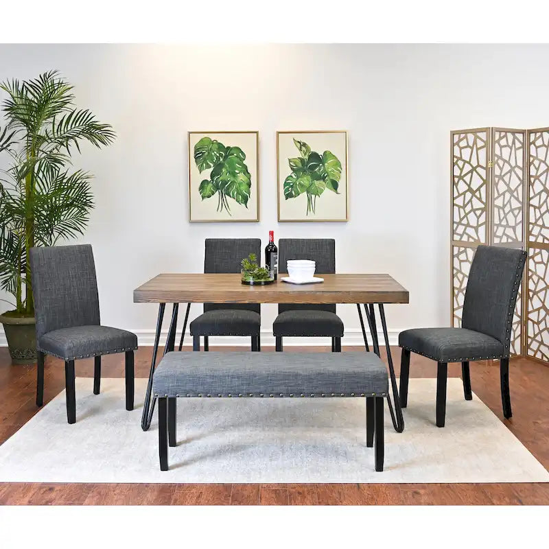 Ensemble de salle à manger Roundhill Furniture Amisos 6 pièces, table à manger à pieds épingle avec 4 chaises et banc rembourré