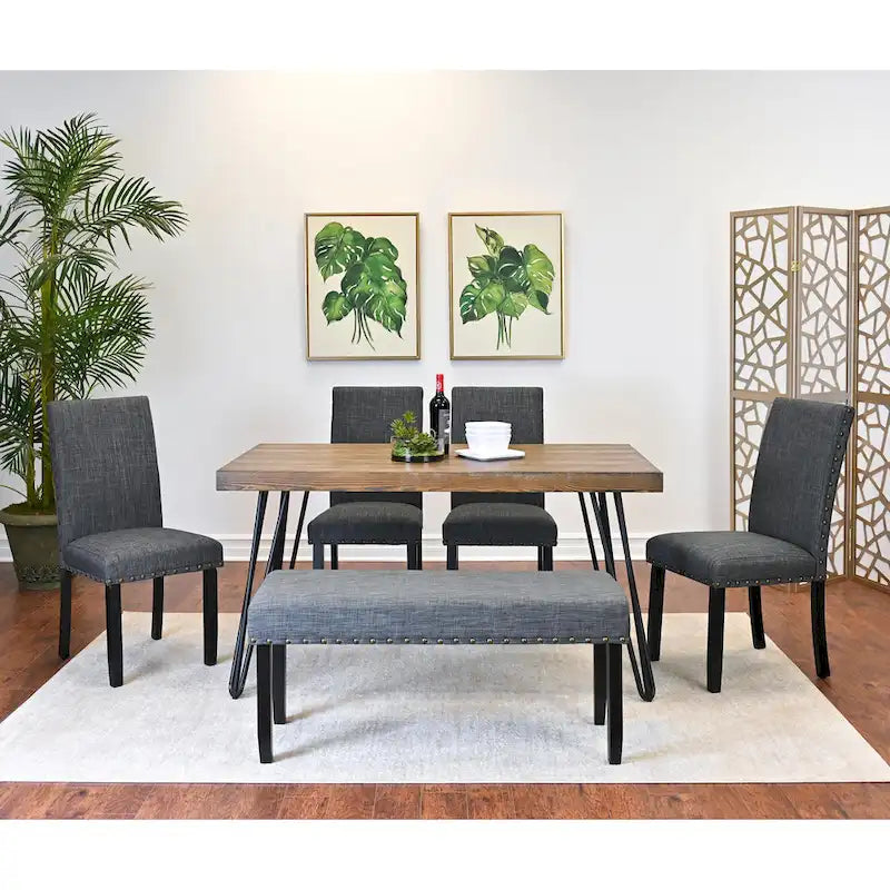 Ensemble de salle à manger Roundhill Furniture Amisos 6 pièces, table à manger à pieds épingle avec 4 chaises et banc rembourré