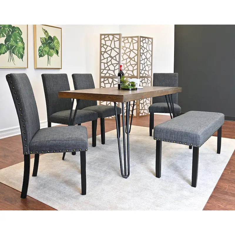 Ensemble de salle à manger Roundhill Furniture Amisos 6 pièces, table à manger à pieds épingle avec 4 chaises et banc rembourré