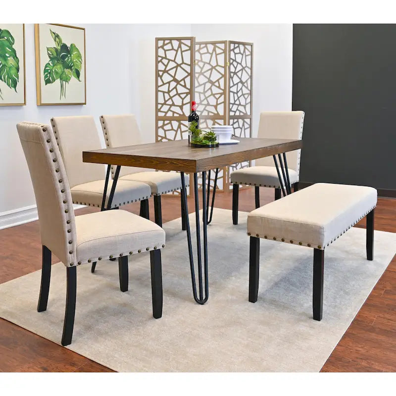 Ensemble de salle à manger Roundhill Furniture Amisos 6 pièces, table à manger à pieds épingle avec 4 chaises et banc rembourré