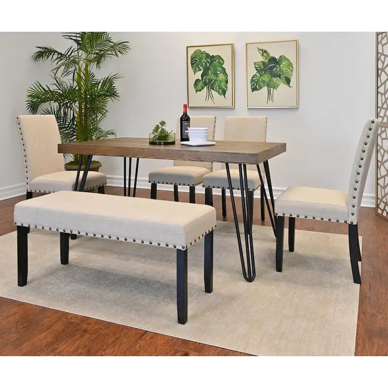 Ensemble de salle à manger Roundhill Furniture Amisos 6 pièces, table à manger à pieds épingle avec 4 chaises et banc rembourré