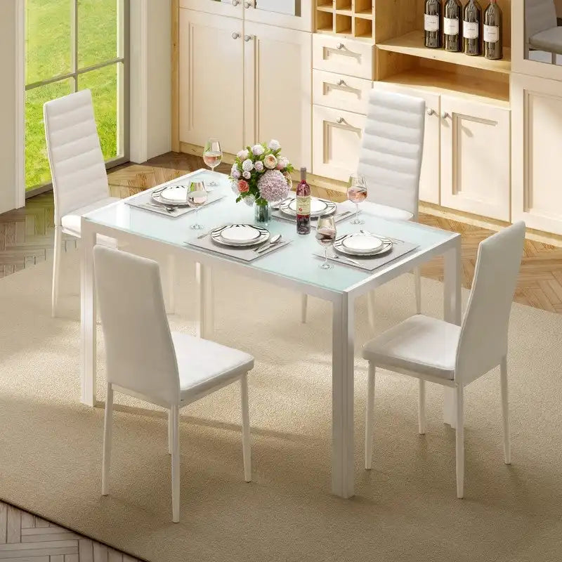 Ensemble de table à manger en verre 5 pièces, 4 chaises de cuisine modernes à dossier haut en cuir PU pour 4 personnes