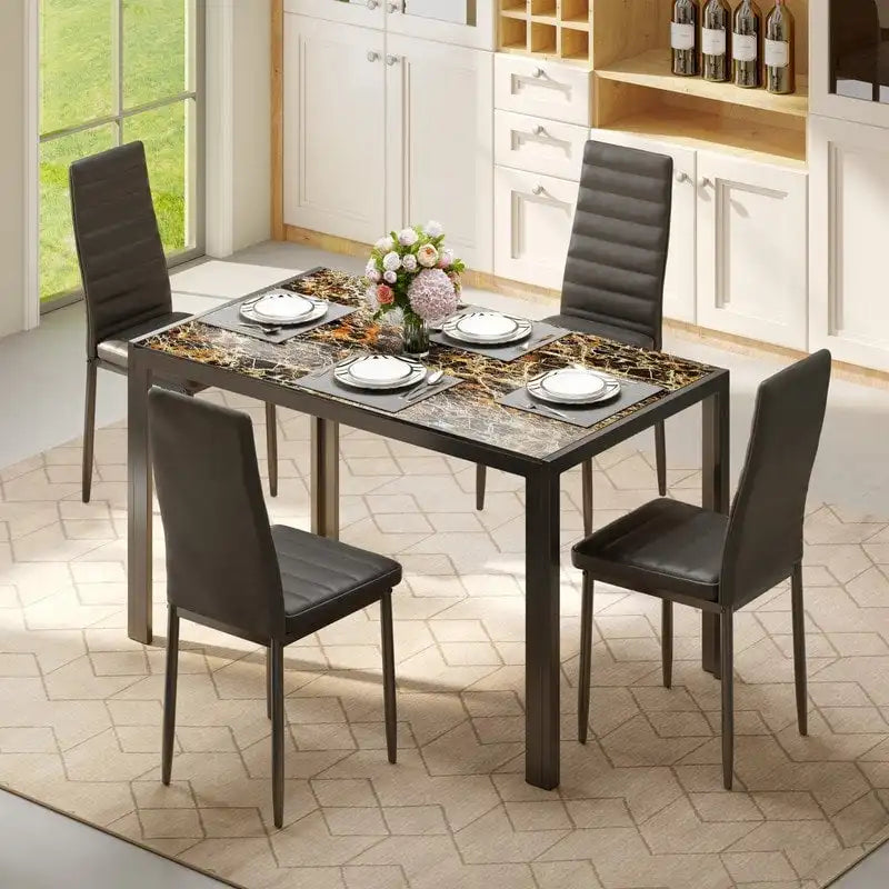 Ensemble de table à manger en verre 5 pièces, 4 chaises de cuisine modernes à dossier haut en cuir PU pour 4 personnes