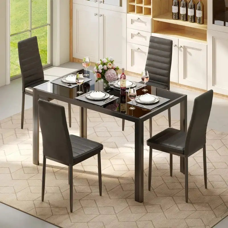 Ensemble de table à manger en verre 5 pièces, 4 chaises de cuisine modernes à dossier haut en cuir PU pour 4 personnes