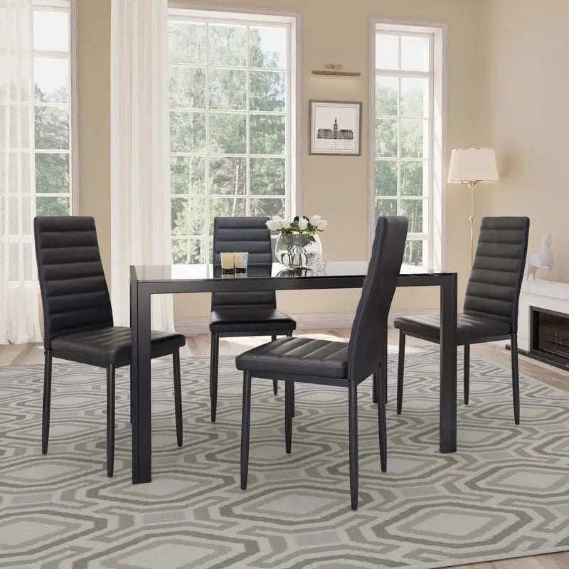 Ensemble de table à manger en verre 5 pièces, 4 chaises de cuisine modernes à dossier haut en cuir PU pour 4 personnes