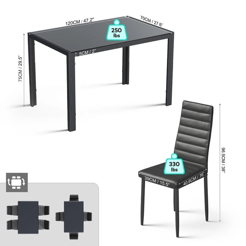 Ensemble de table à manger en verre 5 pièces, 4 chaises de cuisine modernes à dossier haut en cuir PU pour 4 personnes