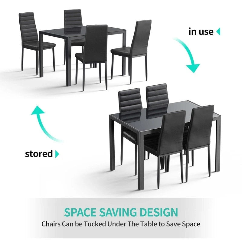Ensemble de table à manger en verre 5 pièces, 4 chaises de cuisine modernes à dossier haut en cuir PU pour 4 personnes