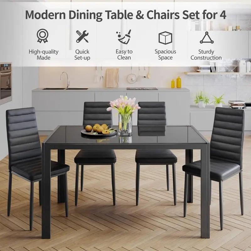 Ensemble de table à manger en verre 5 pièces, 4 chaises de cuisine modernes à dossier haut en cuir PU pour 4 personnes