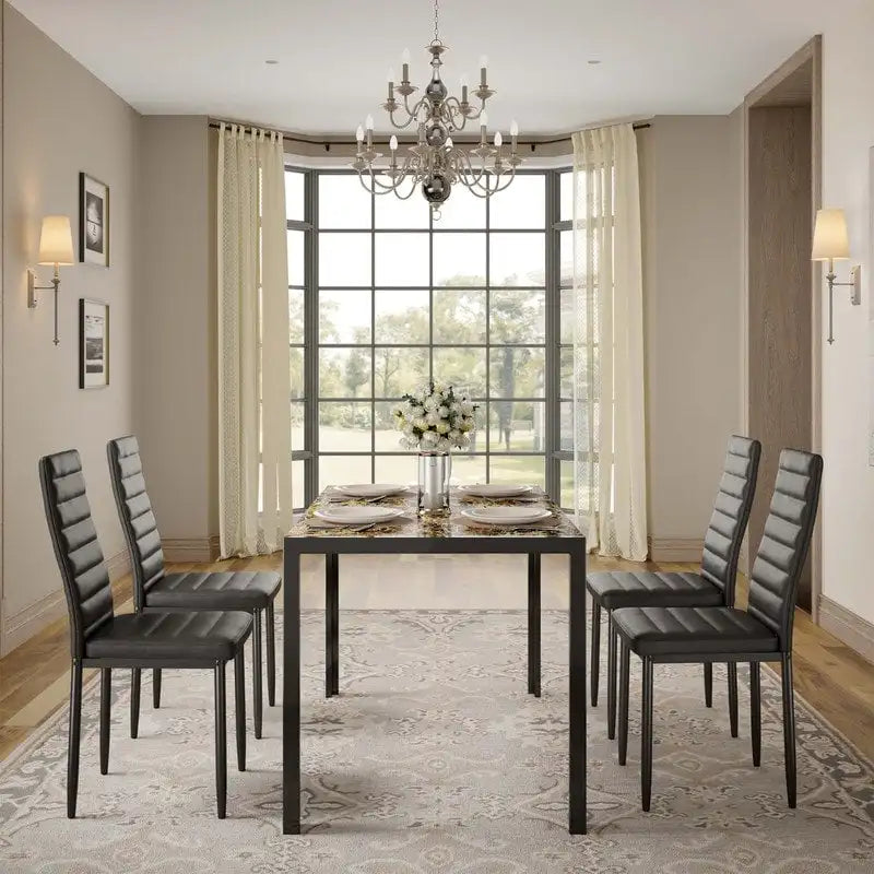 Ensemble de table à manger en verre 5 pièces, 4 chaises de cuisine modernes à dossier haut en cuir PU pour 4 personnes