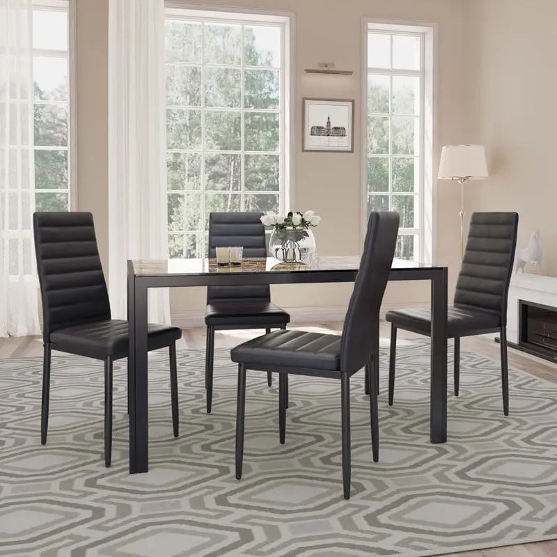 Ensemble de table à manger en verre 5 pièces, 4 chaises de cuisine modernes à dossier haut en cuir PU pour 4 personnes