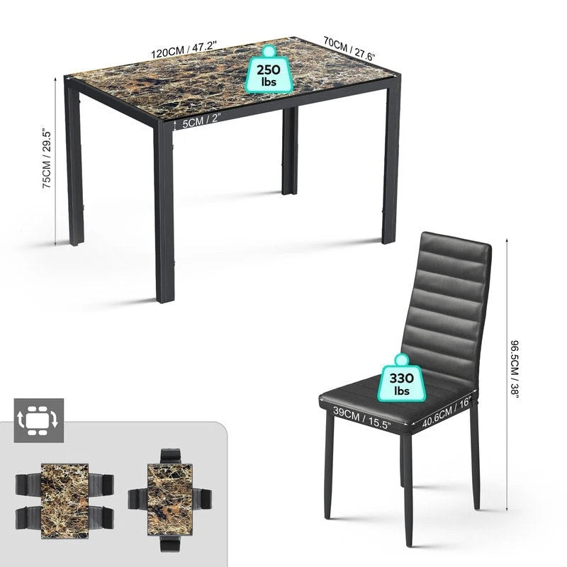 Ensemble de table à manger en verre 5 pièces, 4 chaises de cuisine modernes à dossier haut en cuir PU pour 4 personnes