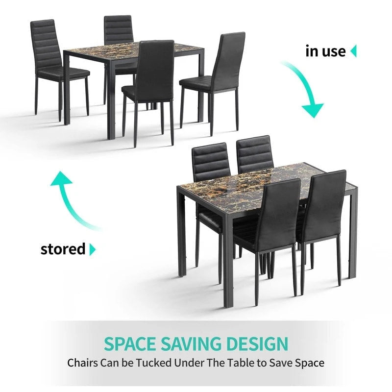 Ensemble de table à manger en verre 5 pièces, 4 chaises de cuisine modernes à dossier haut en cuir PU pour 4 personnes