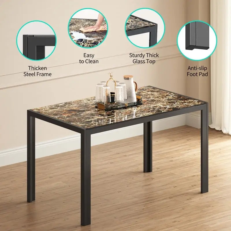 Ensemble de table à manger en verre 5 pièces, 4 chaises de cuisine modernes à dossier haut en cuir PU pour 4 personnes