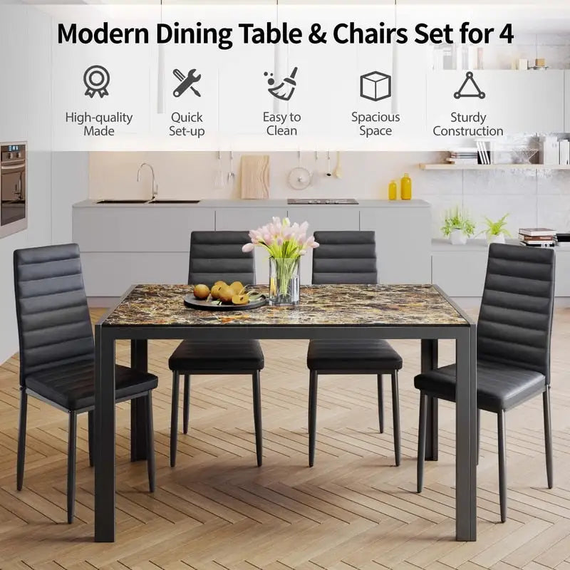 Ensemble de table à manger en verre 5 pièces, 4 chaises de cuisine modernes à dossier haut en cuir PU pour 4 personnes