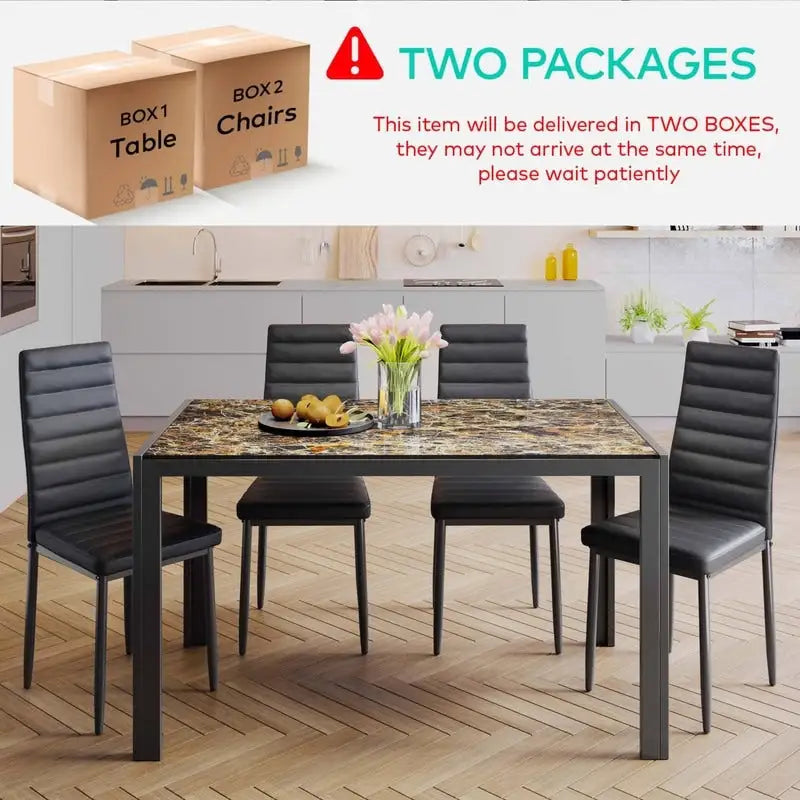 Ensemble de table à manger en verre 5 pièces, 4 chaises de cuisine modernes à dossier haut en cuir PU pour 4 personnes