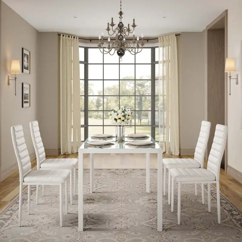 Ensemble de table à manger en verre 5 pièces, 4 chaises de cuisine modernes à dossier haut en cuir PU pour 4 personnes