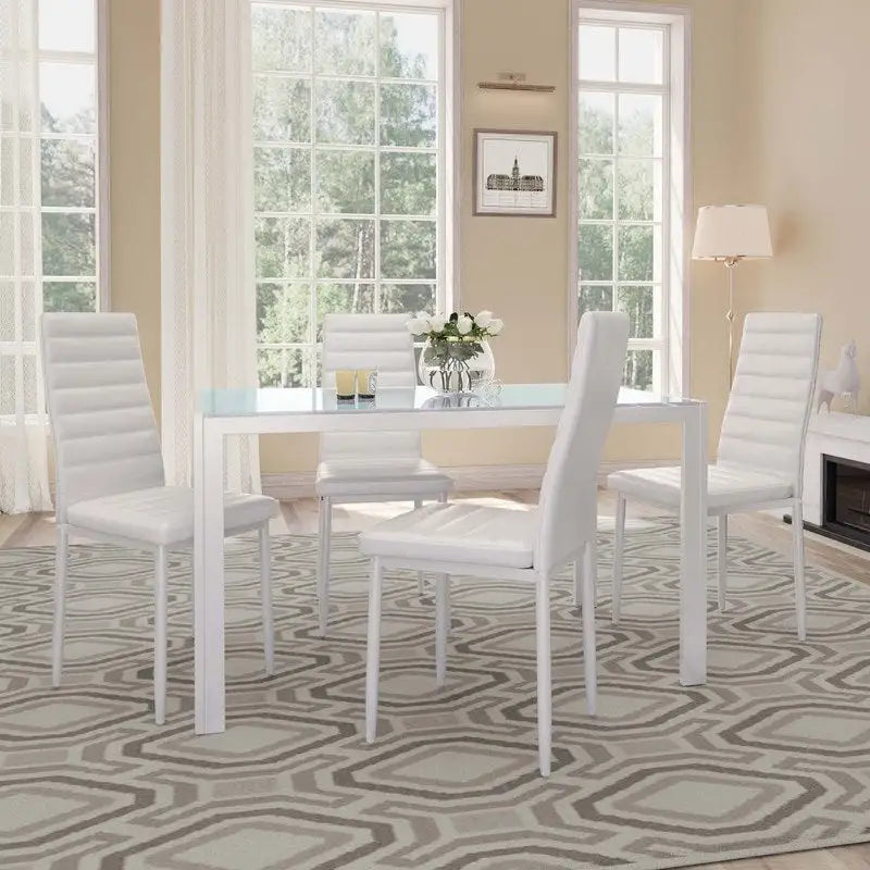 Ensemble de table à manger en verre 5 pièces, 4 chaises de cuisine modernes à dossier haut en cuir PU pour 4 personnes