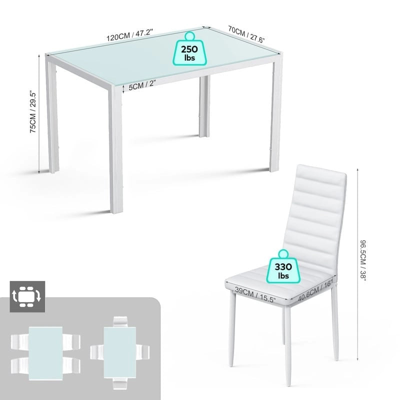 Ensemble de table à manger en verre 5 pièces, 4 chaises de cuisine modernes à dossier haut en cuir PU pour 4 personnes