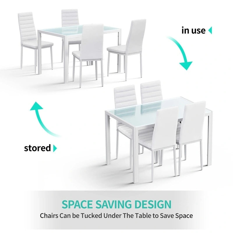 Ensemble de table à manger en verre 5 pièces, 4 chaises de cuisine modernes à dossier haut en cuir PU pour 4 personnes