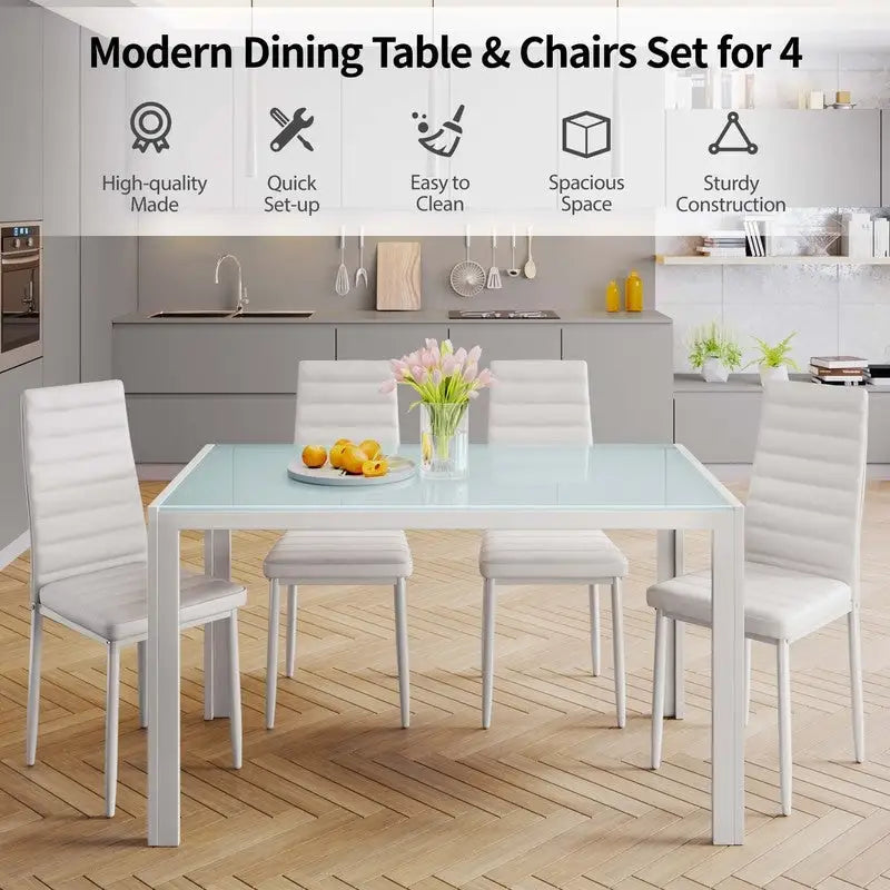 Ensemble de table à manger en verre 5 pièces, 4 chaises de cuisine modernes à dossier haut en cuir PU pour 4 personnes