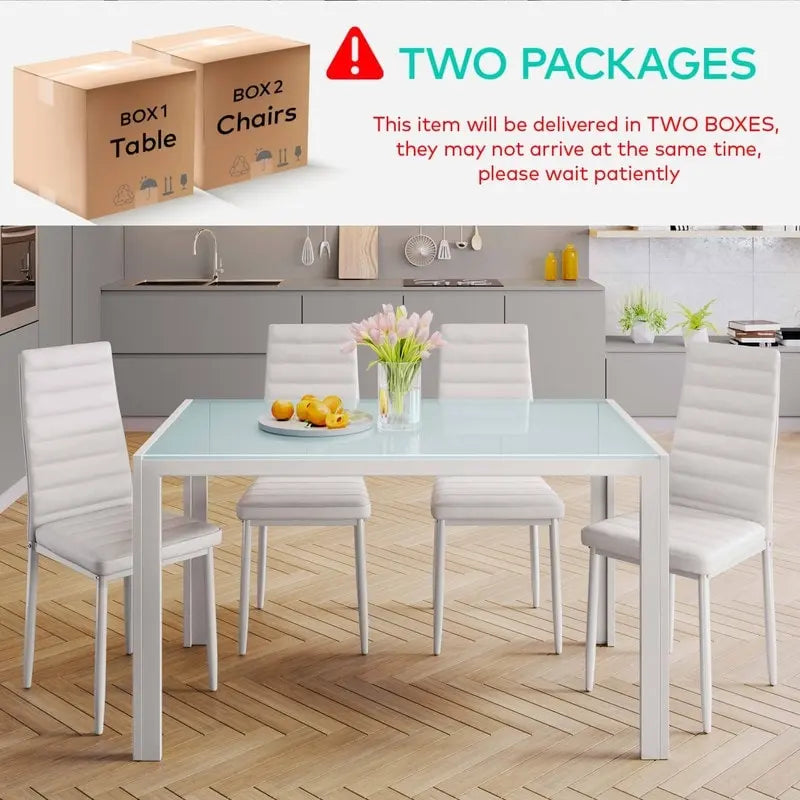Ensemble de table à manger en verre 5 pièces, 4 chaises de cuisine modernes à dossier haut en cuir PU pour 4 personnes
