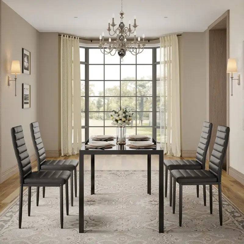 Ensemble de table à manger en verre 5 pièces, 4 chaises de cuisine modernes à dossier haut en cuir PU pour 4 personnes