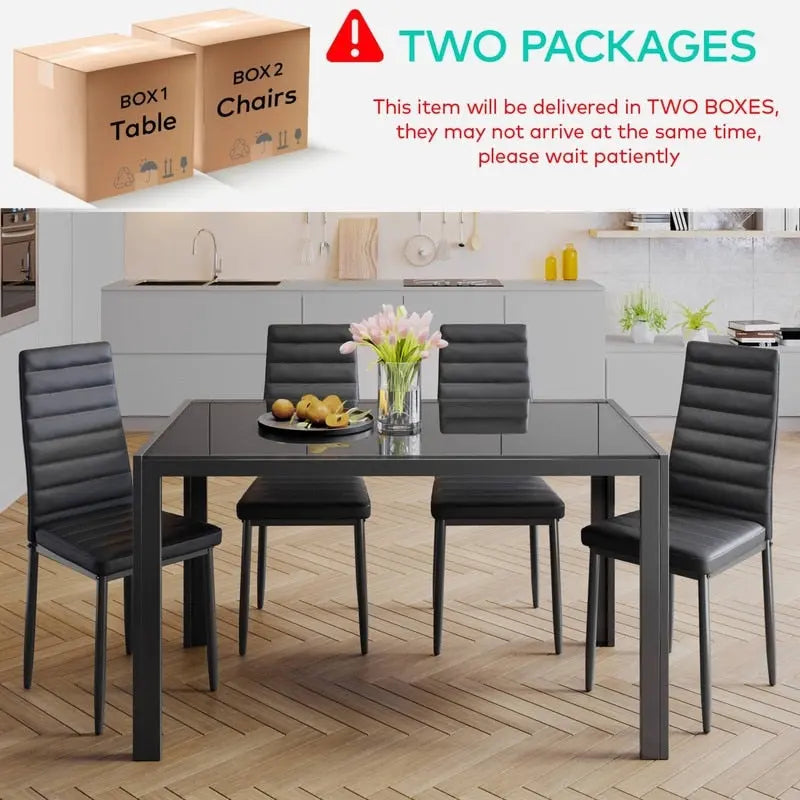 Ensemble de table à manger en verre 5 pièces, 4 chaises de cuisine modernes à dossier haut en cuir PU pour 4 personnes