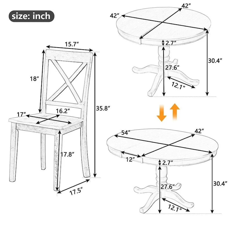 Ensemble de salle à manger extensible rond de ferme 42-54 pour 4 personnes