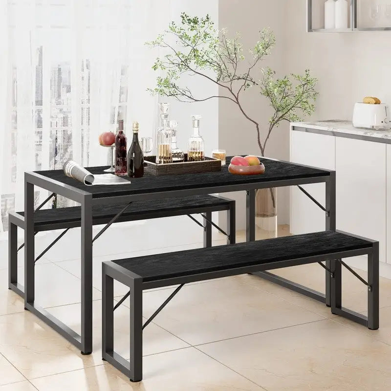 55Ensemble de table de salle à manger pour 4-6 personnes - Ensemble de table de salle à manger industrielle de 3 pièces avec 2 bancs pour la cuisine